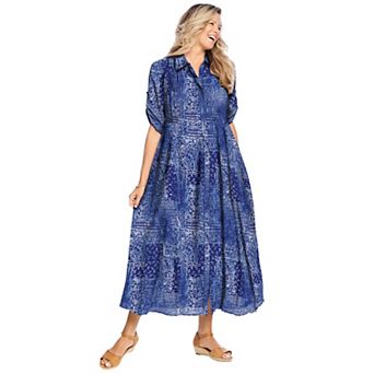 Woman Within Plus Size Roll-Tab Sleeve Crinkle Shirtdress