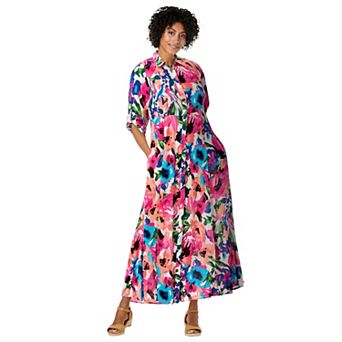 Woman Within Plus Size Roll-Tab Sleeve Crinkle Shirtdress