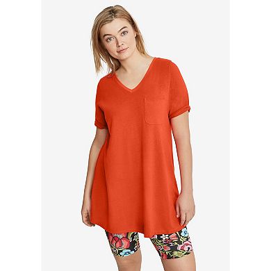 ellos Plus Size Stretch Knit V-Neck Short Sleeve Chest Pocket Tunic