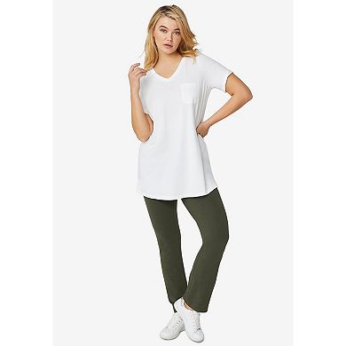 ellos Plus Size Stretch Knit V-Neck Short Sleeve Chest Pocket Tunic