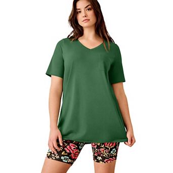 ellos Plus Size Stretch Knit V-Neck Short Sleeve Chest Pocket Tunic
