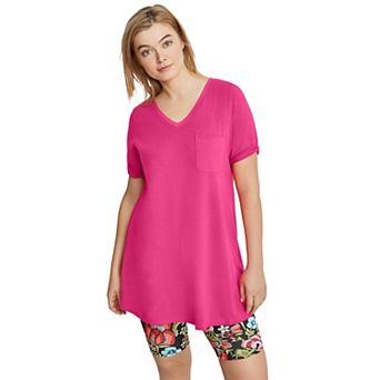 ellos Plus Size Stretch Knit V-Neck Short Sleeve Chest Pocket Tunic