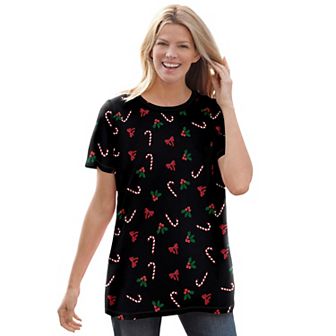 Woman Within Plus Size Perfect Printed Short-Sleeve Crewneck Tee