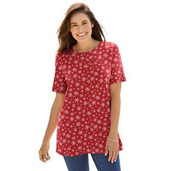 Woman Within Plus Size Perfect Printed Short-Sleeve Crewneck Tee