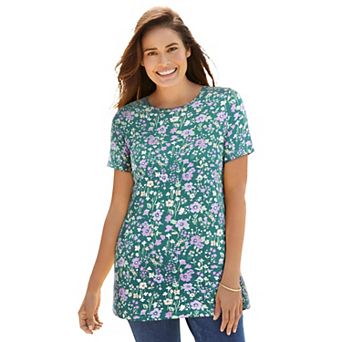 Woman Within Plus Size Perfect Printed Short-Sleeve Crewneck Tee