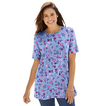 Woman Within Plus Size Perfect Printed Short-Sleeve Crewneck Tee