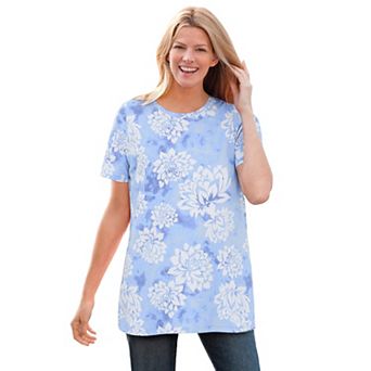 Woman Within Plus Size Perfect Printed Short-Sleeve Crewneck Tee