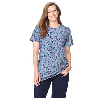 Woman Within Plus Size Perfect Printed Short-Sleeve Crewneck Tee