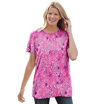 Woman Within Plus Size Perfect Printed Short-Sleeve Crewneck Tee