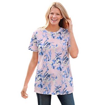 Woman Within Plus Size Perfect Printed Short-Sleeve Crewneck Tee