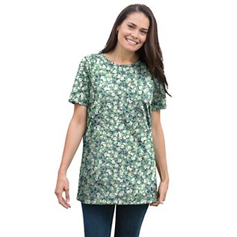 Woman Within Plus Size Perfect Printed Short-Sleeve Crewneck Tee