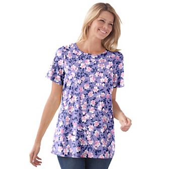 Woman Within Plus Size Perfect Printed Short-Sleeve Crewneck Tee