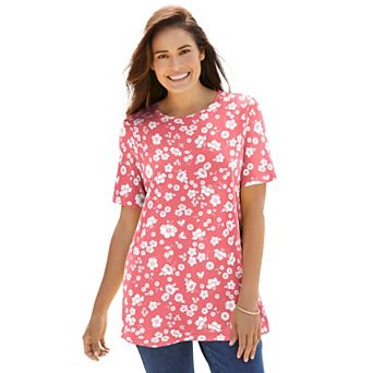 Woman Within Plus Size Perfect Printed Short-Sleeve Crewneck Tee