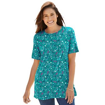 Woman Within Plus Size Perfect Printed Short-Sleeve Crewneck Tee