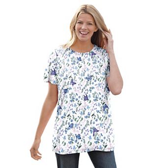 Woman Within Plus Size Perfect Printed Short-Sleeve Crewneck Tee