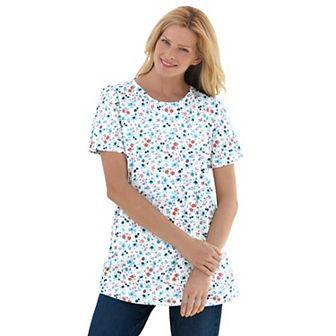 Woman Within Plus Size Perfect Printed Short-Sleeve Crewneck Tee