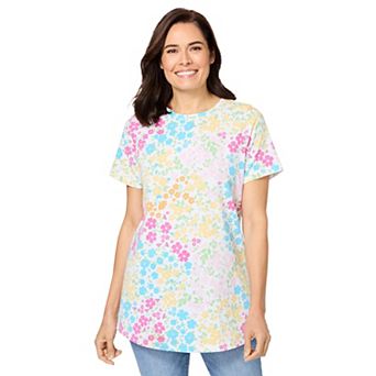 Woman Within Plus Size Perfect Printed Short-Sleeve Crewneck Tee