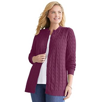 Woman Within Plus Size Cotton Cable Knit Cardigan Sweater