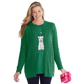 Woman Within Plus Size Cotton Cable Knit Cardigan Sweater