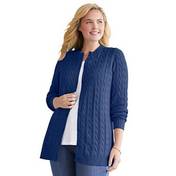 Woman Within Plus Size Cotton Cable Knit Cardigan Sweater