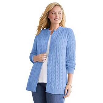 Woman Within Plus Size Cotton Cable Knit Cardigan Sweater