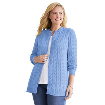 Woman Within Plus Size Cotton Cable Knit Cardigan Sweater