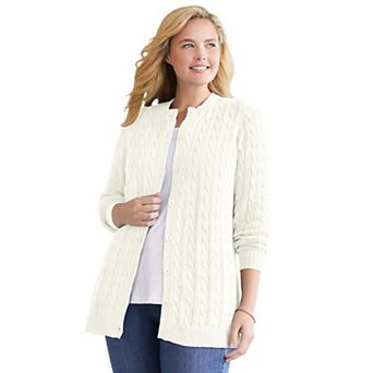 Woman Within Plus Size Cotton Cable Knit Cardigan Sweater
