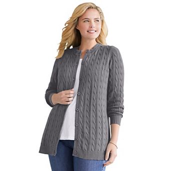 Woman Within Plus Size Cotton Cable Knit Cardigan Sweater