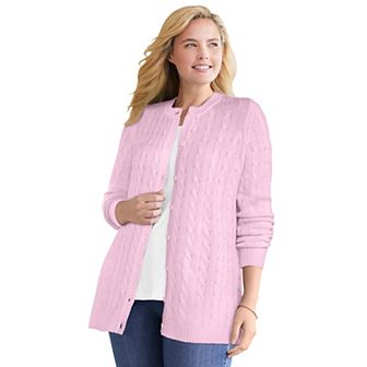 Woman Within Plus Size Cotton Cable Knit Cardigan Sweater