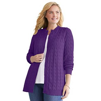 Woman Within Plus Size Cotton Cable Knit Cardigan Sweater