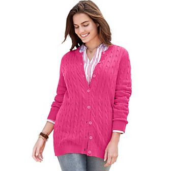 Woman Within Plus Size Cotton Cable Knit Cardigan Sweater