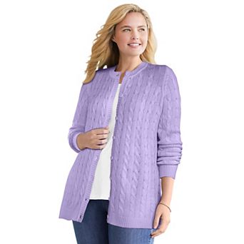 Woman Within Plus Size Cotton Cable Knit Cardigan Sweater