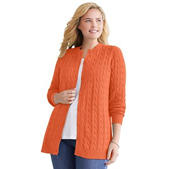 Woman Within Plus Size Cotton Cable Knit Cardigan Sweater