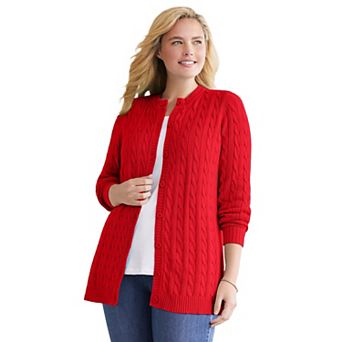 Woman Within Plus Size Cotton Cable Knit Cardigan Sweater