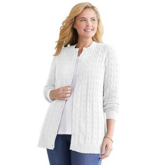 Woman Within Plus Size Cotton Cable Knit Cardigan Sweater