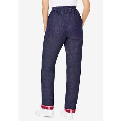 Woman Within Plus Size Elastic-Waist Cotton Straight Leg Denim Pant With Flannel Lining