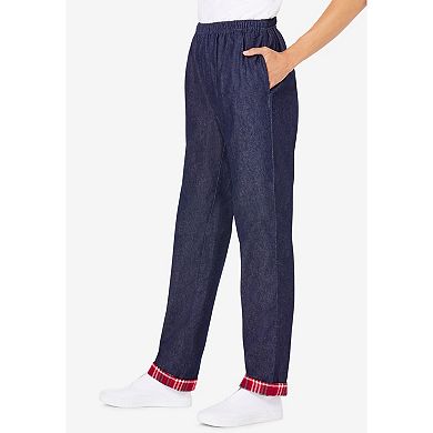 Woman Within Plus Size Elastic-Waist Cotton Straight Leg Denim Pant With Flannel Lining