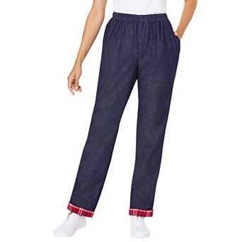 Woman Within Plus Size Elastic-Waist Cotton Straight Leg Denim Pant With Flannel Lining