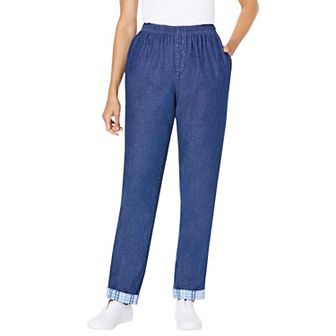 Woman Within Plus Size Elastic-Waist Cotton Straight Leg Denim Pant With Flannel Lining