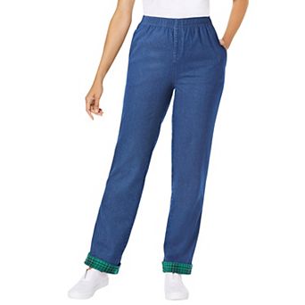 Woman Within Plus Size Elastic-Waist Cotton Straight Leg Denim Pant With Flannel Lining
