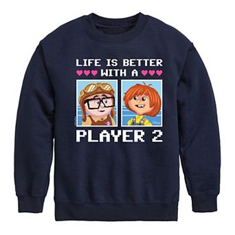 Disney's Up Boys 8-20 Life Is Better With Player 2 Crew Fleece Sweatshirt