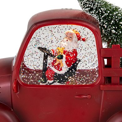 Northlight LED Lighted Santa in Red Retro Truck with Christmas Tree Snow Globe