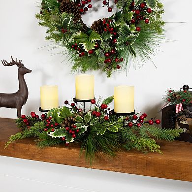 Northlight Holly & Berries Christmas Pillar Candle Holder