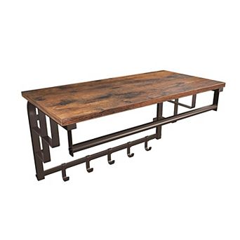 26 Inch Industrial Metal Frame Wall Mount Coat Rack, 5 Hooks, 1 Shelf, Rustic Brown, Black