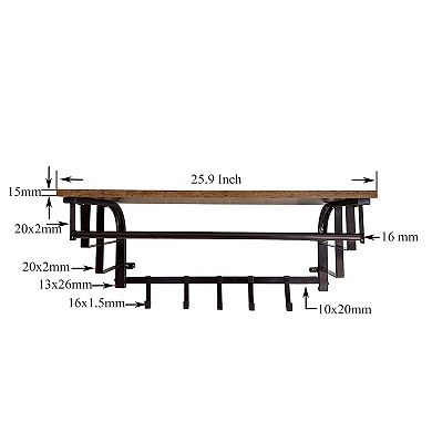 26 Inch Industrial Metal Frame Wall Mount Coat Rack, 5 Hooks, 1 Shelf, Rustic Brown, Black