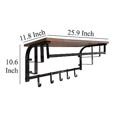 26 Inch Industrial Metal Frame Wall Mount Coat Rack, 5 Hooks, 1 Shelf, Rustic Brown, Black