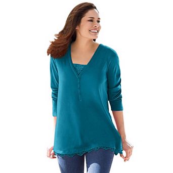 Woman Within Plus Size Layered-Look Lace Trim Tee