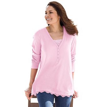 Woman Within Plus Size Layered-Look Lace Trim Tee