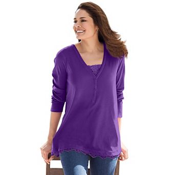 Woman Within Plus Size Layered-Look Lace Trim Tee