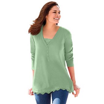 Woman Within Plus Size Layered-Look Lace Trim Tee